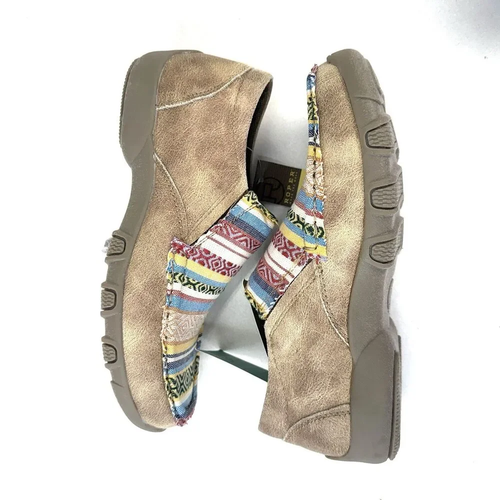Roper Womens Beige Multi Fabric Johnnie Slip-On Shoes Size 6 Striped Geometric